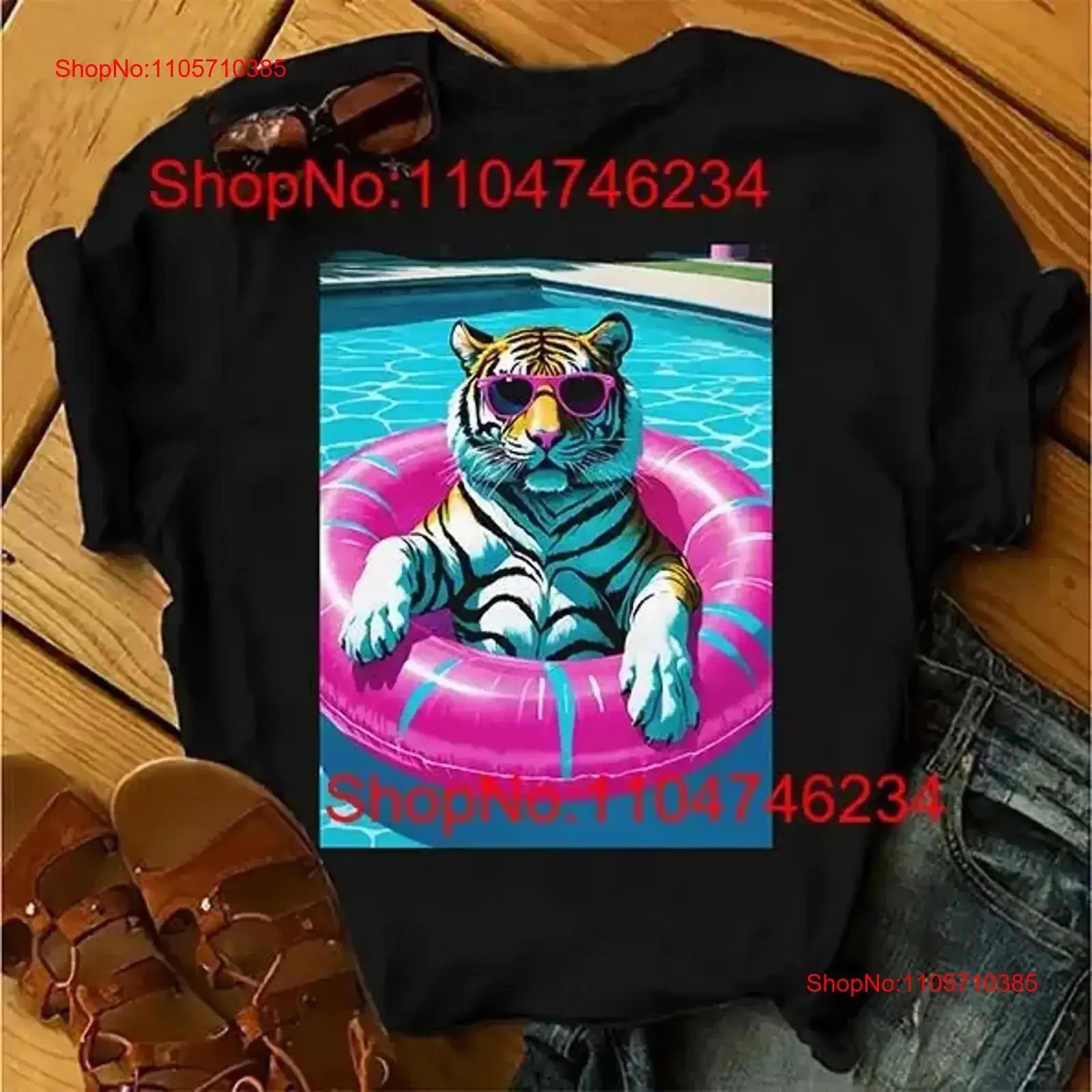 Funny Cool Tiger in Pool Float with Sunglasses T Shirt Summer Vibes Animal vintage Washed Versatile homme Soft streetwear