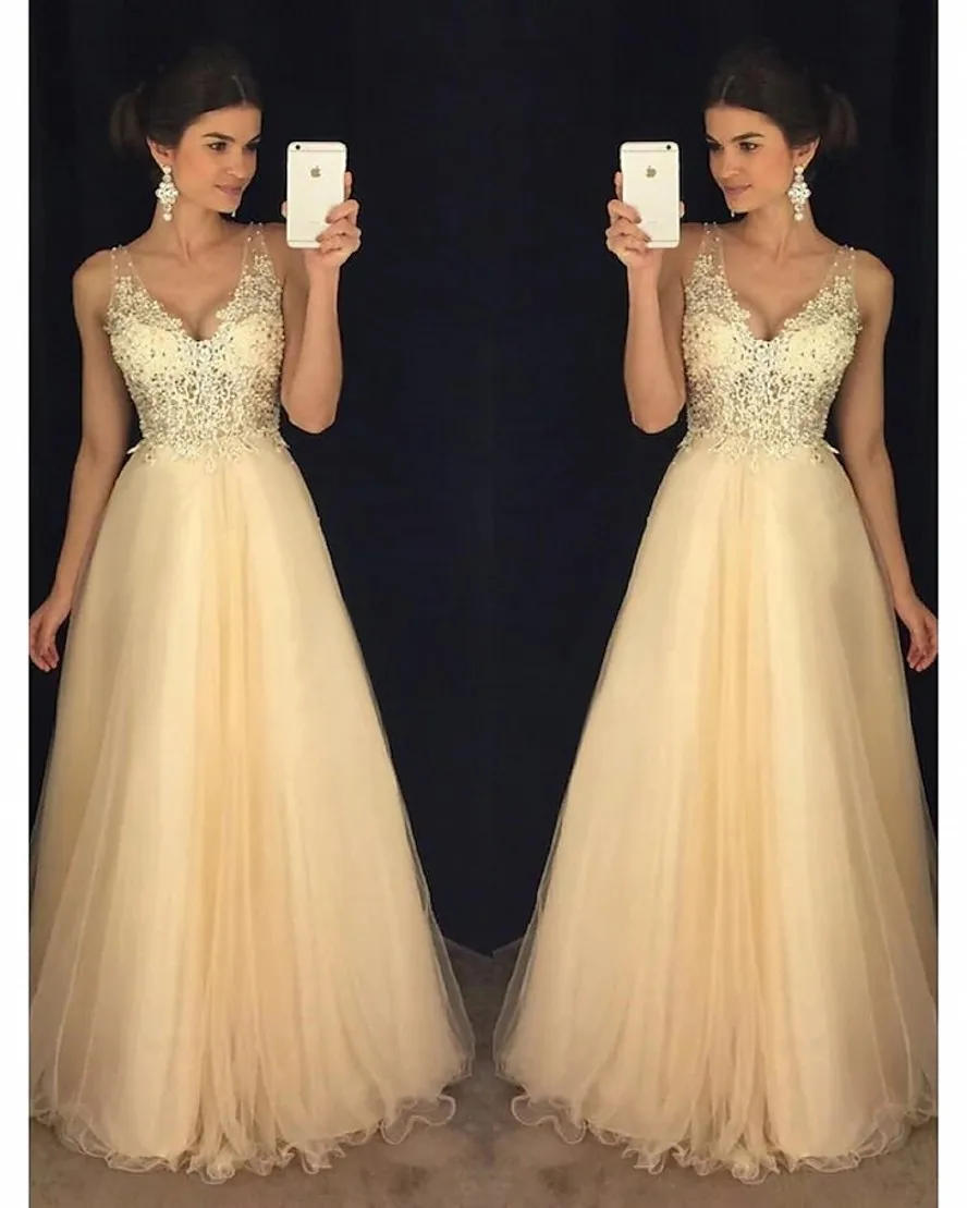 A-line Champagne Prom Party Dress 2023 scollo a V Tulle Backless Beading Appliques Lace Pageant Evening abito formale Robe De Soriee