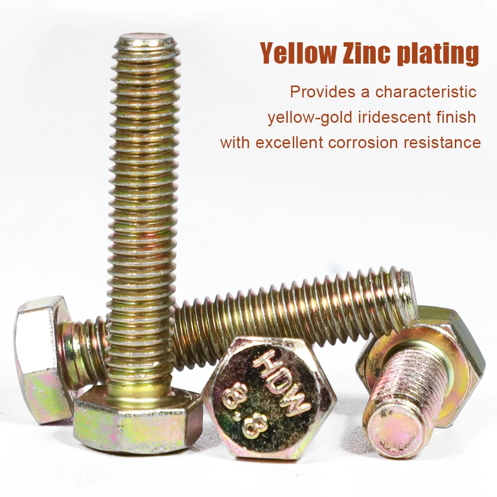 HSLSLS Heavy Duty Hex Bolts Full Thread Extended 8.8 Grade Yellow Zinc Steel M4 M5 M6 M8 M10 M12 Hexagon Hex Cap Screw Bolts
