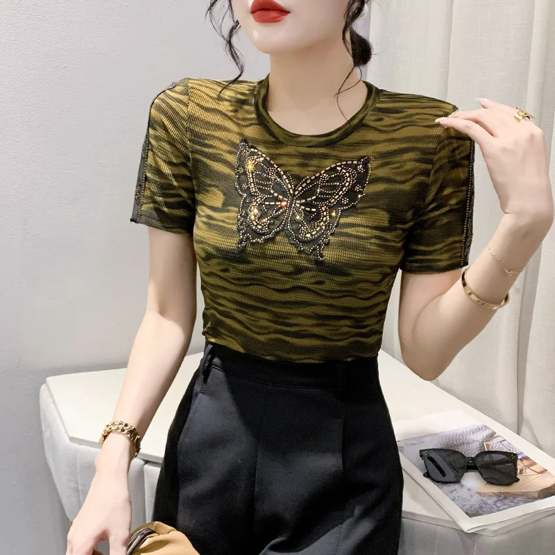 #5417 Summer Short Sleeve T Shirt Women Butterfly Diamonds Sexy Skinny Tshirt Spliced Mesh Short Sleeve Office T-Shirt Vintage