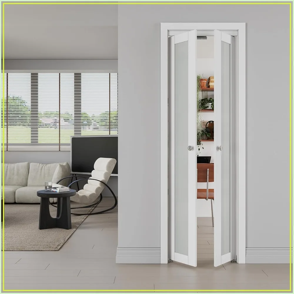 24x80 French Pivot Door, 1-Lite Tempered Frosted Glass Double Doors, White