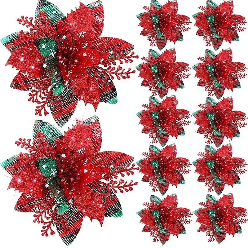 Flores artificiales con purpurina para decoración de árbol de Navidad, adornos de Feliz Año Nuevo, 5 piezas, 14,5 cm