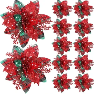 Glitzer künstliche Weihnachtsblumen, Frohe Weihnachtsbaum -Ornamente, falsche Weihnachtsblumen, Frohe New Year Decoration, 5pcs, 14,5 cm 10 Hauptverkaufs -Glücksbaum - №1