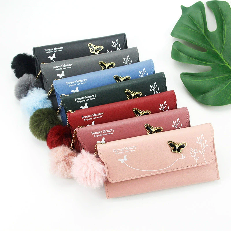 Fashion Fur Ball Wallet for Women Solid Color PU Leather Long Standard Wallets Butterfly Card Holders Purse Female Bag