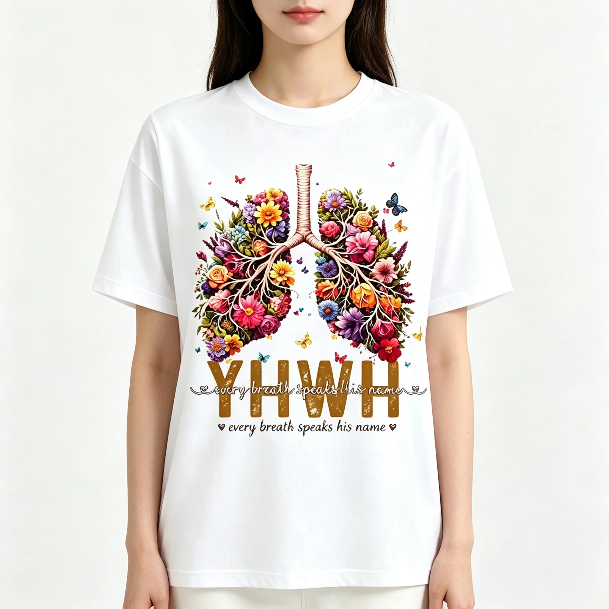 Vintage Floral Human Lungs Art Print T-Shirt for Women Colorful Flowers Butterfly Letter Casual Daily Short Sleeve Shirts