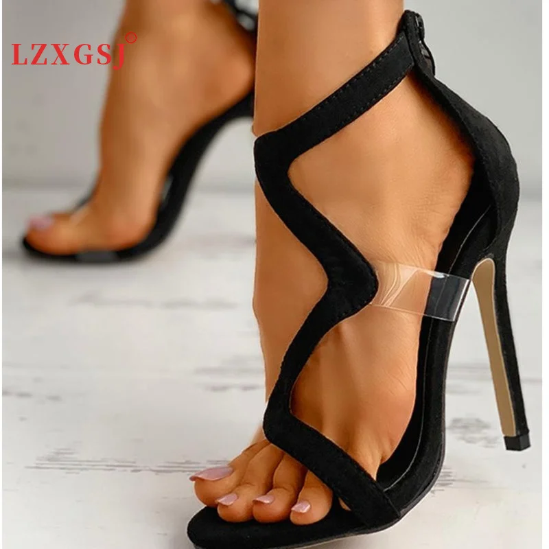 

Black Women Sandals Fashion Pumps Shoes Female Sexy High Heels Back Zip Open Toe Sandals Transparent Empty Ladies Shoes