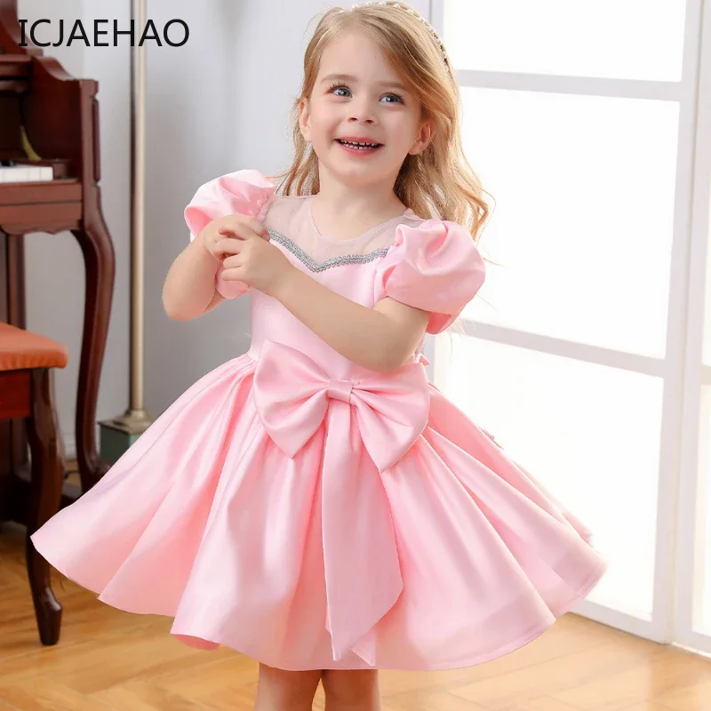 2025 menina manga curta cetim miçangas vestidos crianças vestidos de baile aniversário festa de casamento roupa novo verão mostrar vestidos combinando