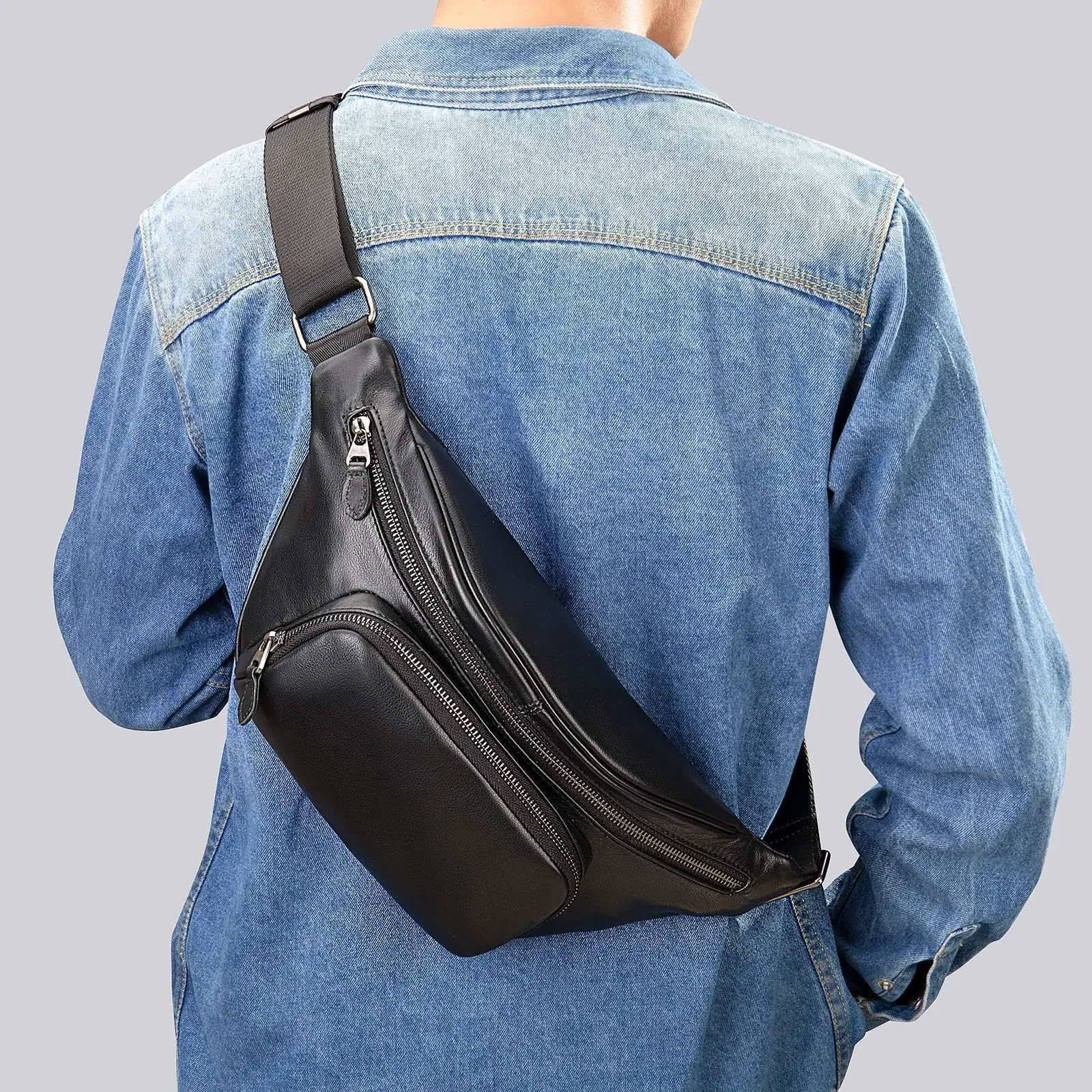

Men's Single Shoulder Cross Body Bag Real Cowhide Fanny Packs Waist Pouch Real Cowskin Male Waist Pack Chest Bag Phone Pouch
