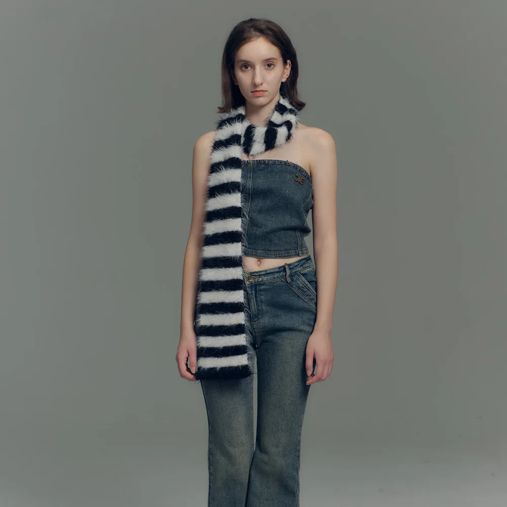 

Long haired woven black and white striped knitted scarf for women neck choker winter warm narrow and long scarf