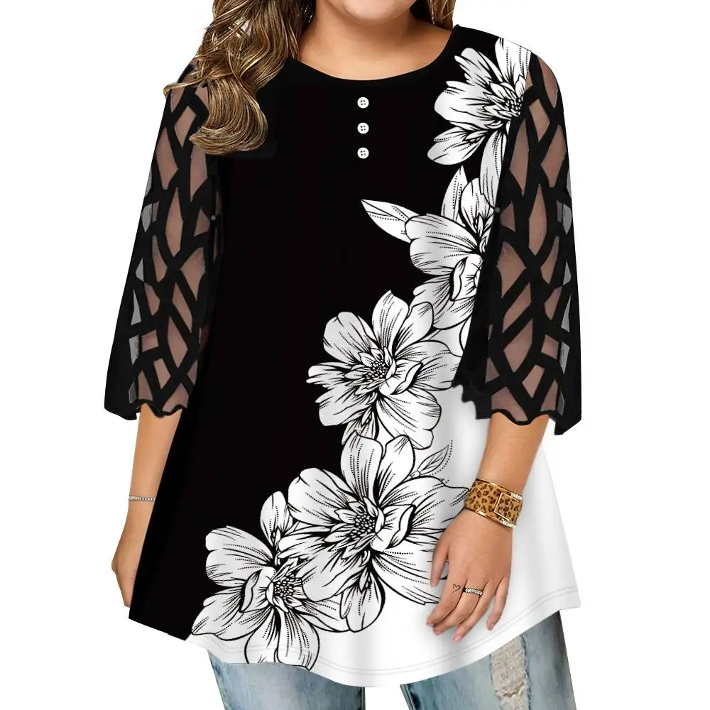 Women's Lace 3/4 Sleeve Tops Casual Floral T-Shirt Plus Size Flower Print Blouse Large Size High Quality Female Clothing 5XL 6XL