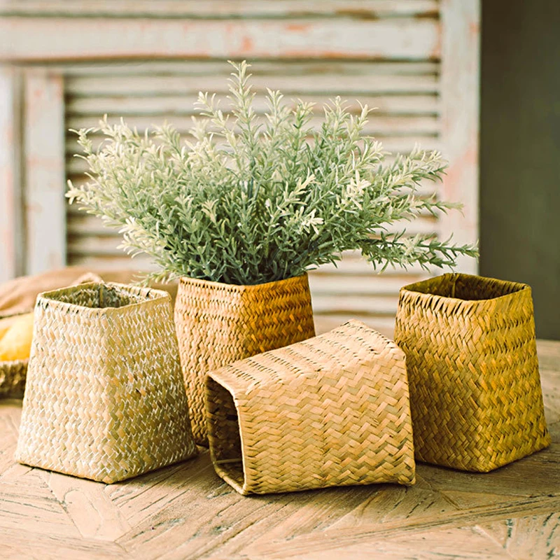 Rustic Rattan Vase Woven Flower Basket Dry Flowerpot Seagrass Farmhouse Floral Container Flowers Arrangement Vases Home Decor