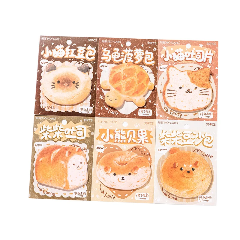 30 Sheets Bread Story Self-Adhesive Note Pad Creative Cute Toast Bread Fruits N Times Posted Student Writable Memo