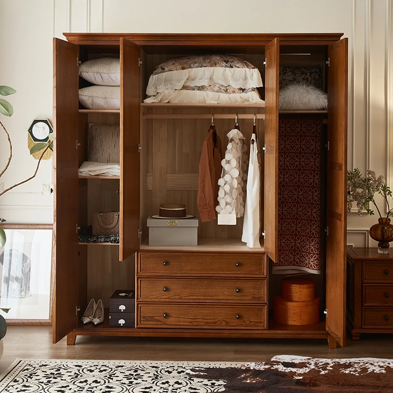 American solid wood wardrobe 4 door bedroom wardrobe cabinet storage cabinet rustic wood art furniture