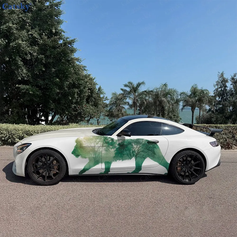 2pcs Exposure Forest Lion Silhouette Car Side Wrap, Self-Adhesive PVC Waterproof & Scratch-Resistant Sticker, Car Accessory Gift