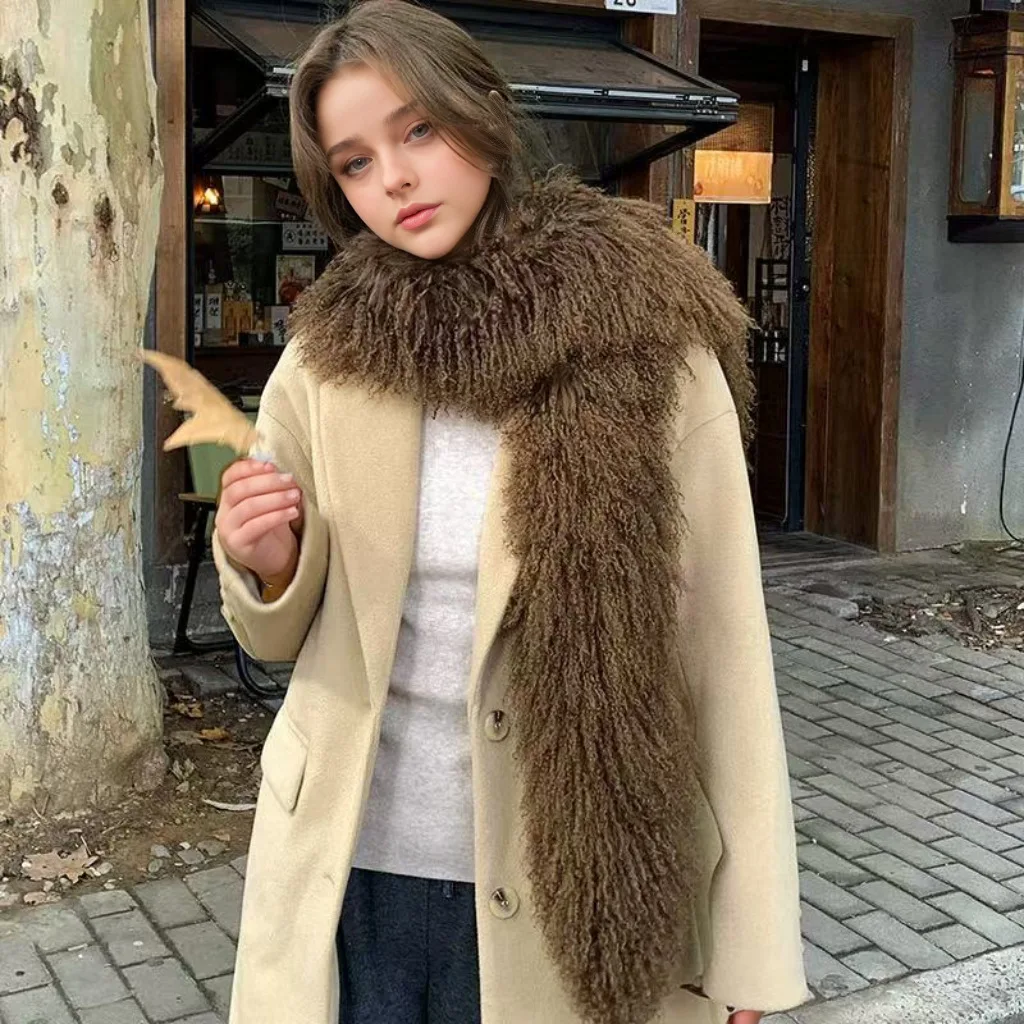 

Fashionable Extended Length Wool Scarf with Faux Fur Collar And Sheepskin Warm Neck Warmer Pink Grey Scarves for Women