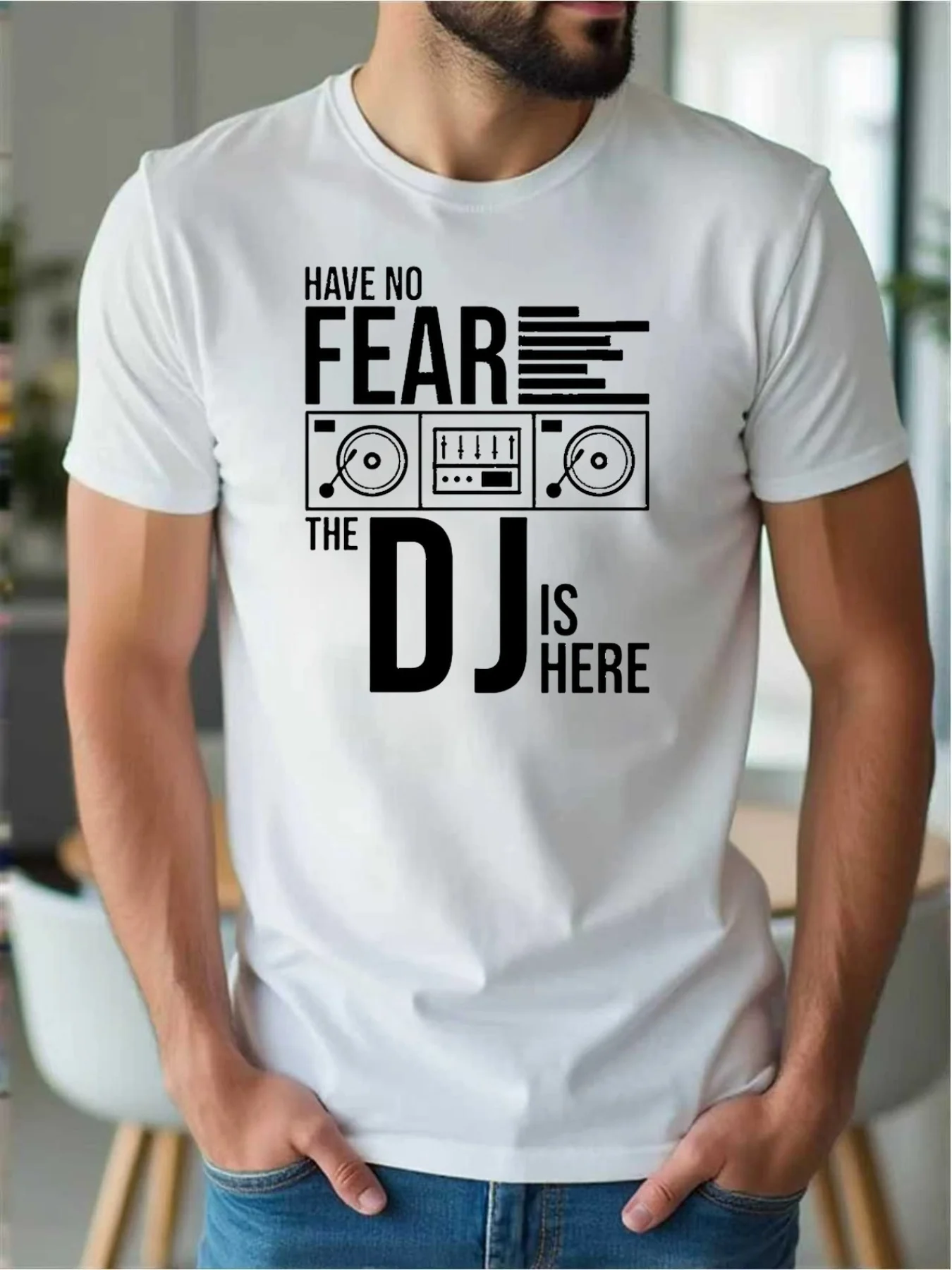 Men's Round Neck T-Shirt Dj Pattern Music Mixing Logo Fearless Dj Here Quote Four03