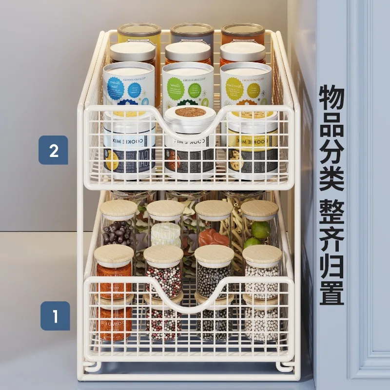 Pull-out rack in cabinet, snack storage rack under sink, layered rack, seasoning finishing rack, cabinet partition artifact