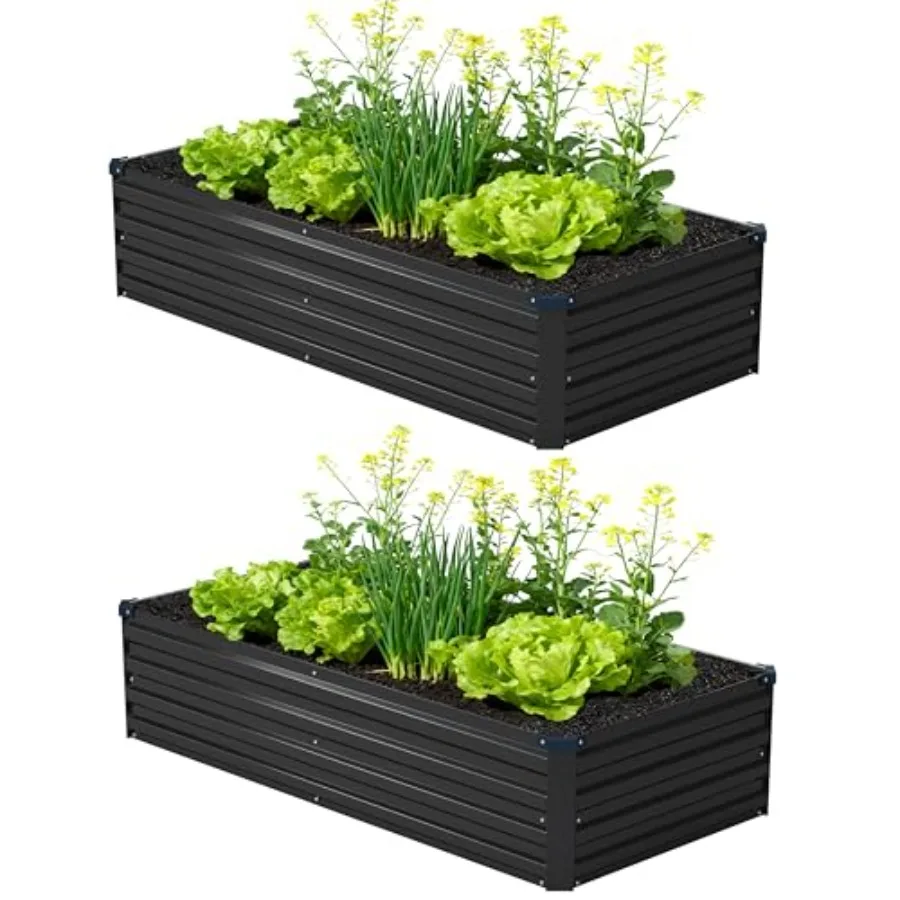 

Комплект из 2 оцинкованных металлических приподнятых грядок для сада/патио, 6x1.5x1 фута, для выращивания овощей, цветов, трав, черный