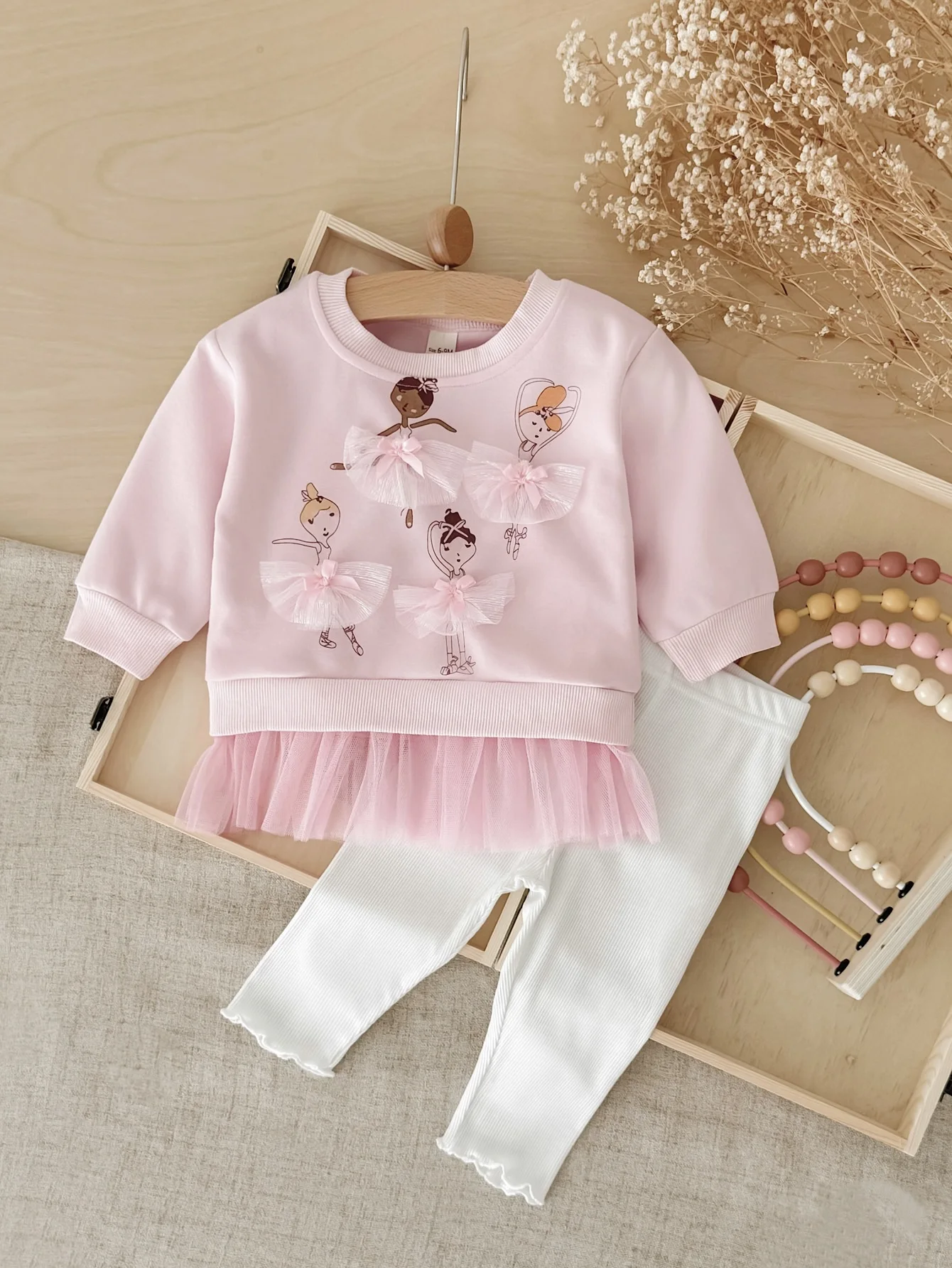 Little Girls Pink Ballet 3D Tulle Sweatshirt Set, Baby Spring‑Autumn Long‑Sleeve Top White Ribbed Ruffle Leggings 2‑Piece Outfit