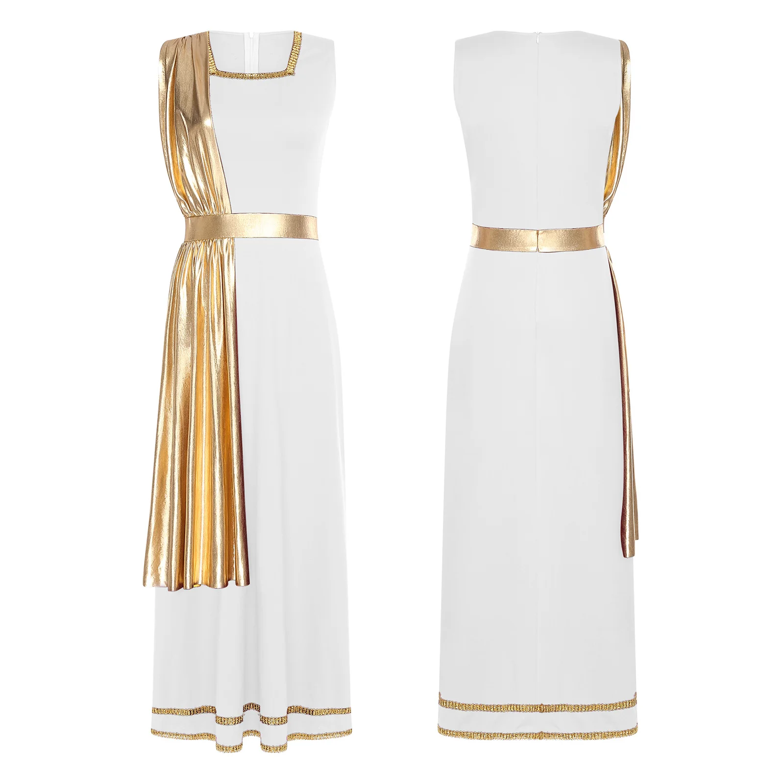 

Womens Metallic Shiny Drape Dress Ancient Greek Roman Style Square Neck Sleeveless Gown for Halloween Cosplay Themed Parties‌