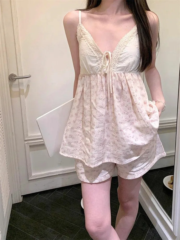 

2025 New Women's Cotton Spwear Set with Chest Pad Sexy Pure Desire Cute Sweet Home Clothes ort Sve V-Ne Nightgown