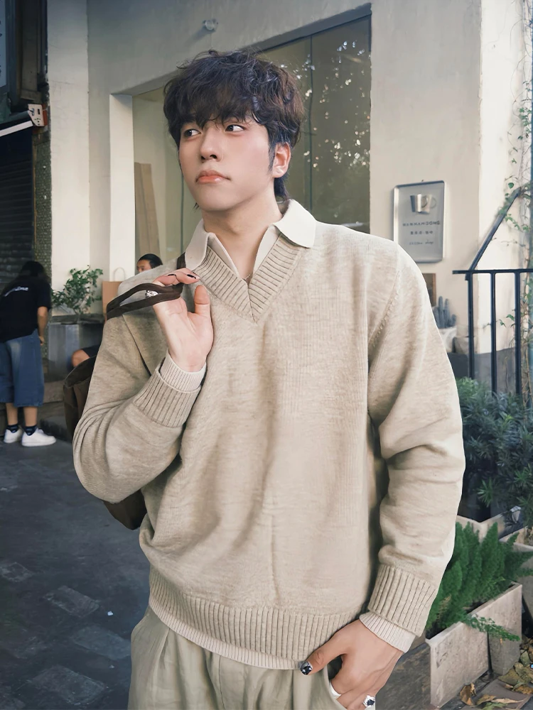 

Мужской вязаный свитер с v-образным вырезом и базовым слоем, повседневный корейский топ ранней осени Faion, высококачественный топ на голову