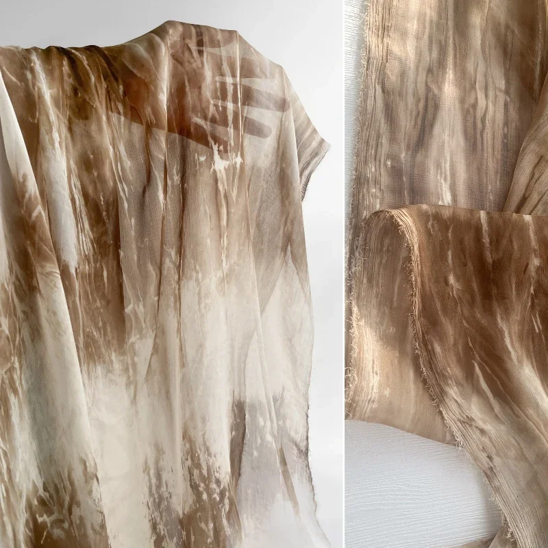 Brown Gradient Lightweight Chiffon Synthetic Silk Fabric Retro Watermark Tie Dye Shirt Dress Clothing Designer Fabric