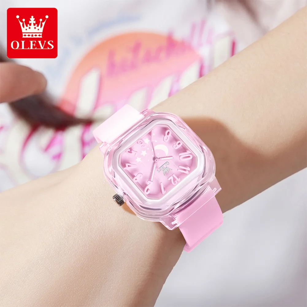 OLEVS 3711 Student Watches Cute Square Quartz Watch Waterproof Luminous Transparent Shell Silicone Strap Watch Student Gifts New