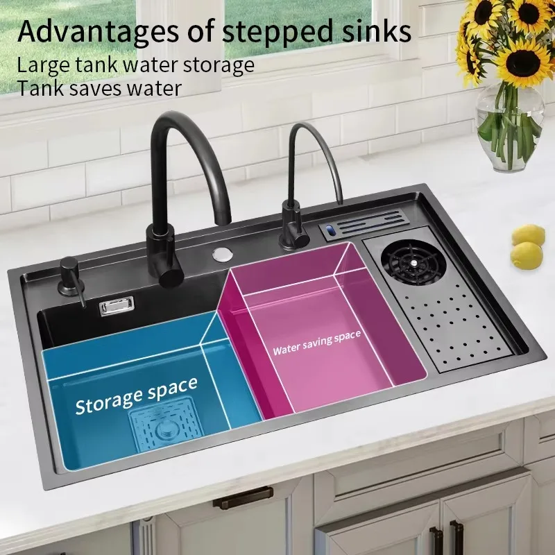 

Luxury Multifunctional Countertop Kitchen Sink Set With Spray Cleaning 304 Stainless Steel Single Bowl Black Three Holes