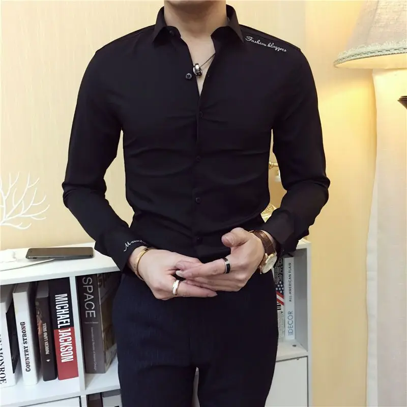 

Мужская однотонная приталенная рубашка, Повседневная модная элегантная рубашка с длинными рукавами, на пуговицах, с вышивкой и надписью, весна-осень 2023