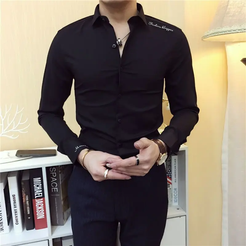 

2023 Spring and Autumn Men's Solid Color Slim Fit Button Embroidery Letters Casual Fashion Elegant Commuter Long Sleeve Shirt