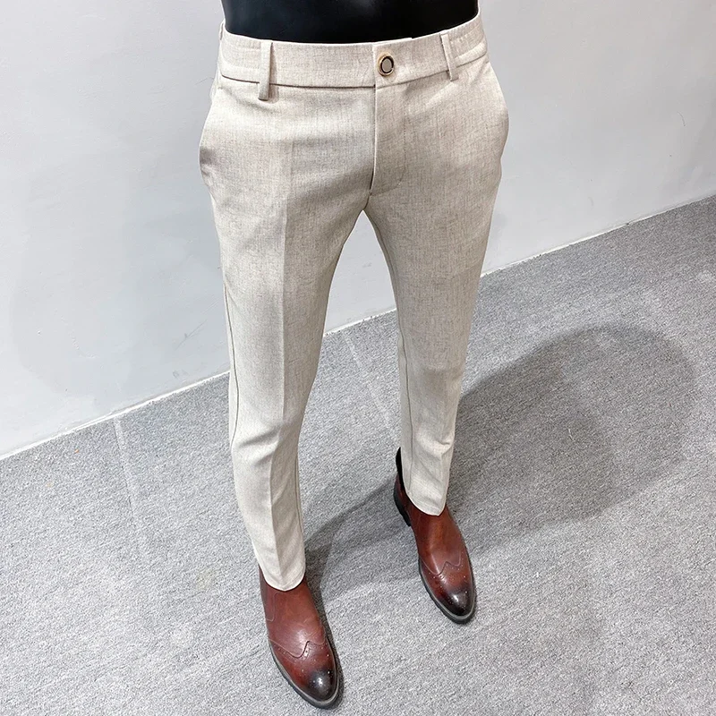 High Quality Linen Suit Pants Men Solid Color Slim Fit Stretch Trousers Formal Business Office Social Casual Pants Men Clothing