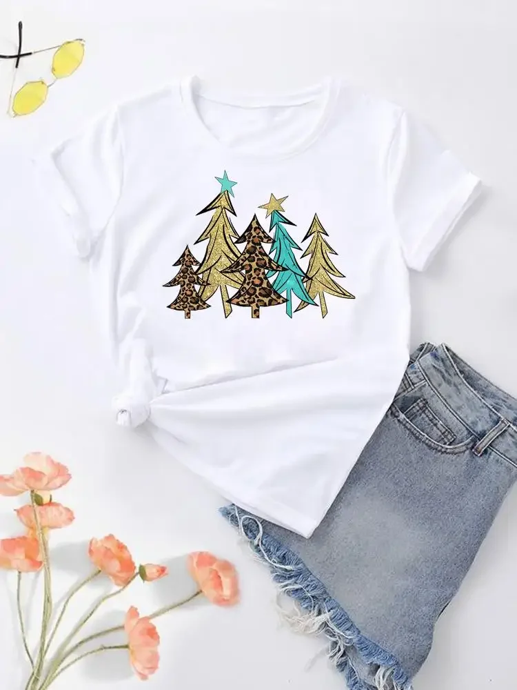 Women Shirt Tee Christmas Clothing Lady New Year Star Tree Trend Short Sleeve Print Fashion Top Clothes Graphic T-shirt