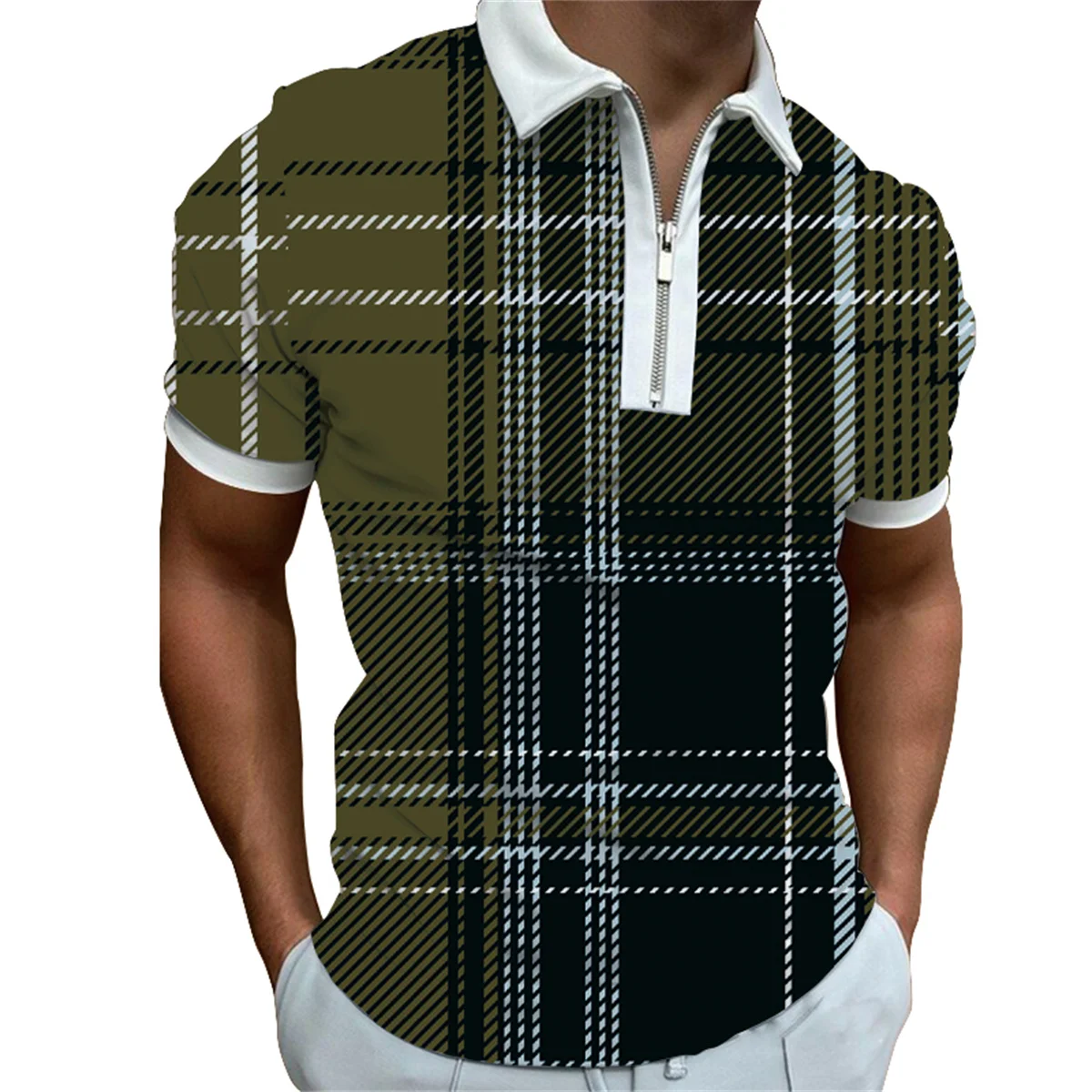 

Men's spring and summer short sleeve casual polo shirt men's fashion personality printed zipper lapel Polo T-shirt