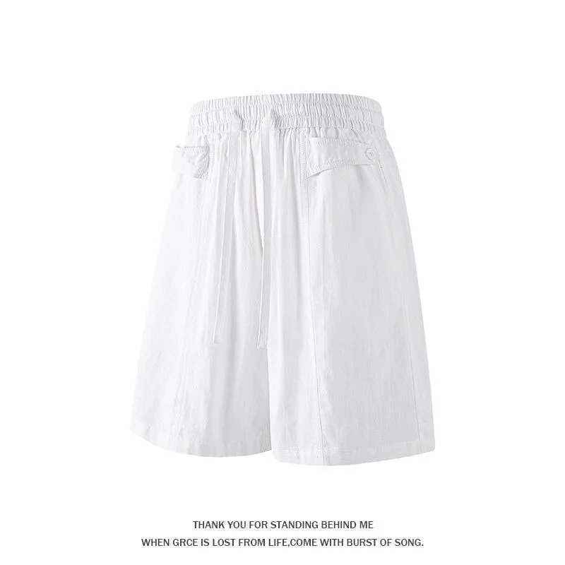Unisex Solid Linen Look Five Point Shorts Elastic Drawstring Loose Casual Thin Old Money Style Summer Half Pants With Pockets
