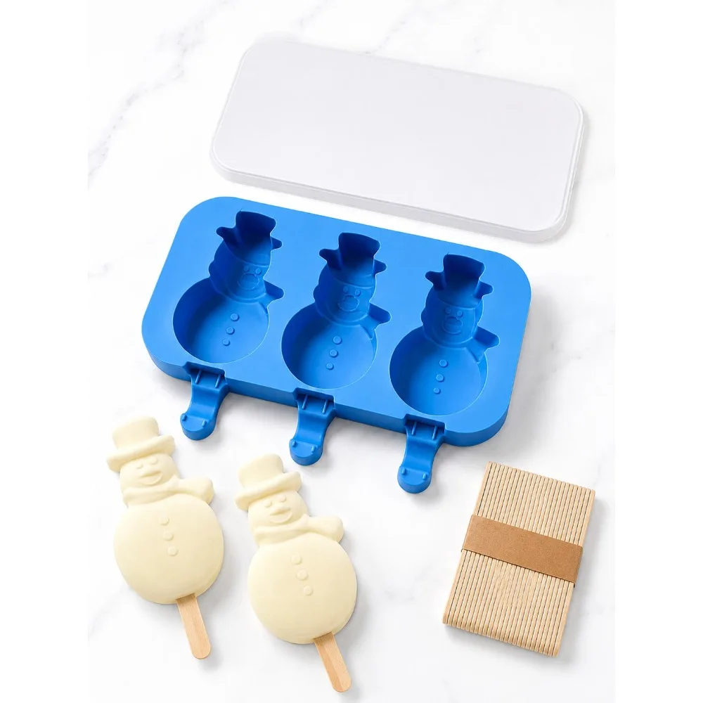 1 set de molde de silicona de 3 cavidades para paletas con tapa y 50 palitos de madera, moldes de silicona, molde para helados y moldes para cake pops / alternativa a los moldes para cake pops, molde para postres congelados con forma de muñeco de nieve, bandeja flexible reutilizable de fácil desmolde, kit DIY para paletas caseras para Smo