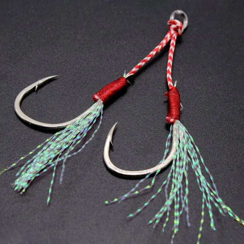5pcs Replacement Fishing Hook Double Assist Hooks with Feather for Jigging Lure Slow Pitch Jig Vertical Jig