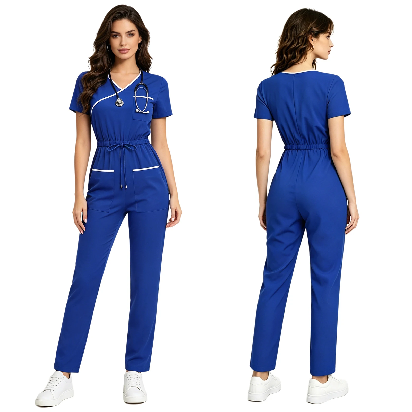 Women Scrubs Jumpsuit with Pockets Short Sleeve Drawstring Elastic Waist Long Pants Back Zipper Rompers for Nurse Doctor Medical