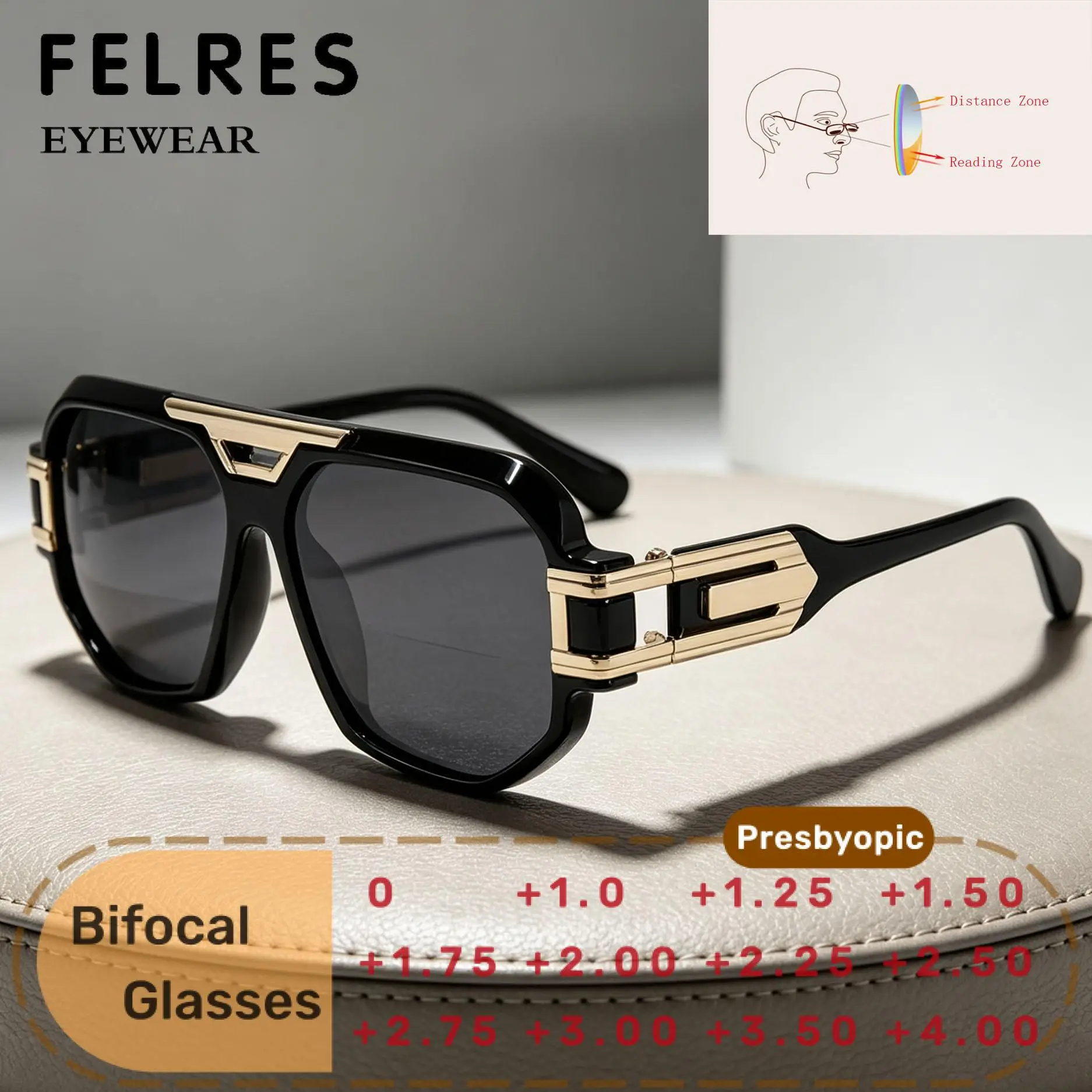 Designer Retro Black Bifocal Reading Glasses Men Women Driving Fishing Near Far Dual Vision Presbyopic Eyewear Customize Diopter