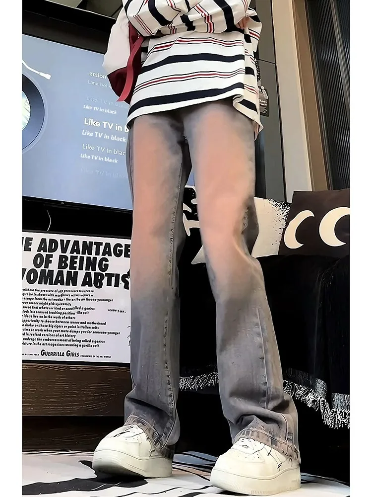

Rust Red Wide Leg Jeans Men's Autumn Winter New Style Pink Loose Straight Micro Flared Long Trousers Washed Denim Youth Trend