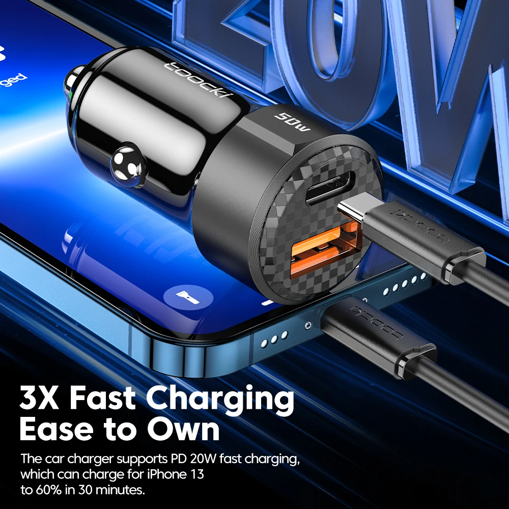 Toocki 50W QC PD 3.0 Car Charger Quick Charge 4.0 USB Type C Car Fast Charging For iPhone 12 13 14 Huawei Samsung Xiaomi POCO