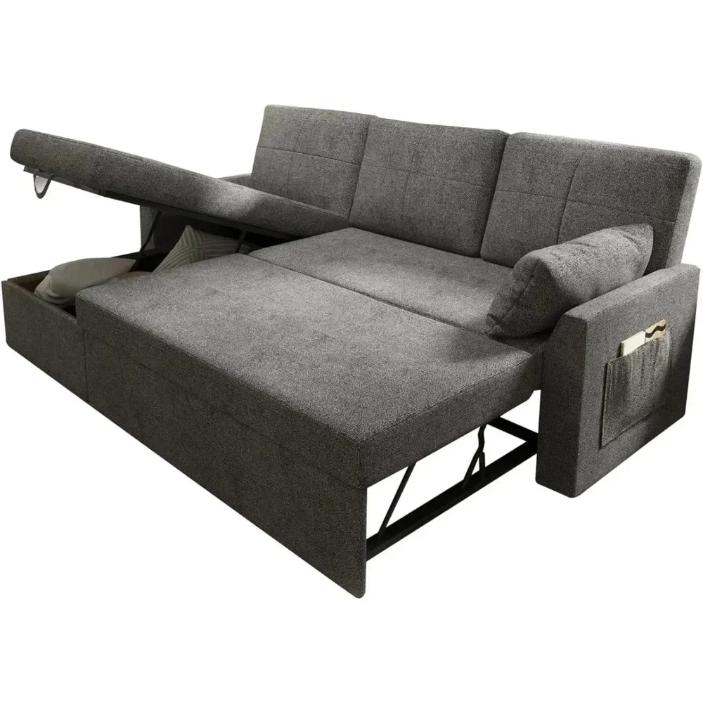 Sofa Bed- 2 in 1 Pull Out Couch Bed with Storage Chaise for Living Room, Sofa Sleeper with Pull Out Bed, Grey Linen Couch