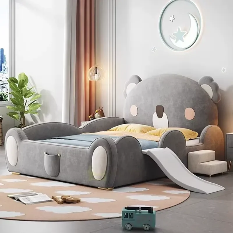 Solid Wood Bunk Bed with Slide for Kids Modern Brown Bear Design Storage Guardrail Luxury Children Bedroom Furniture