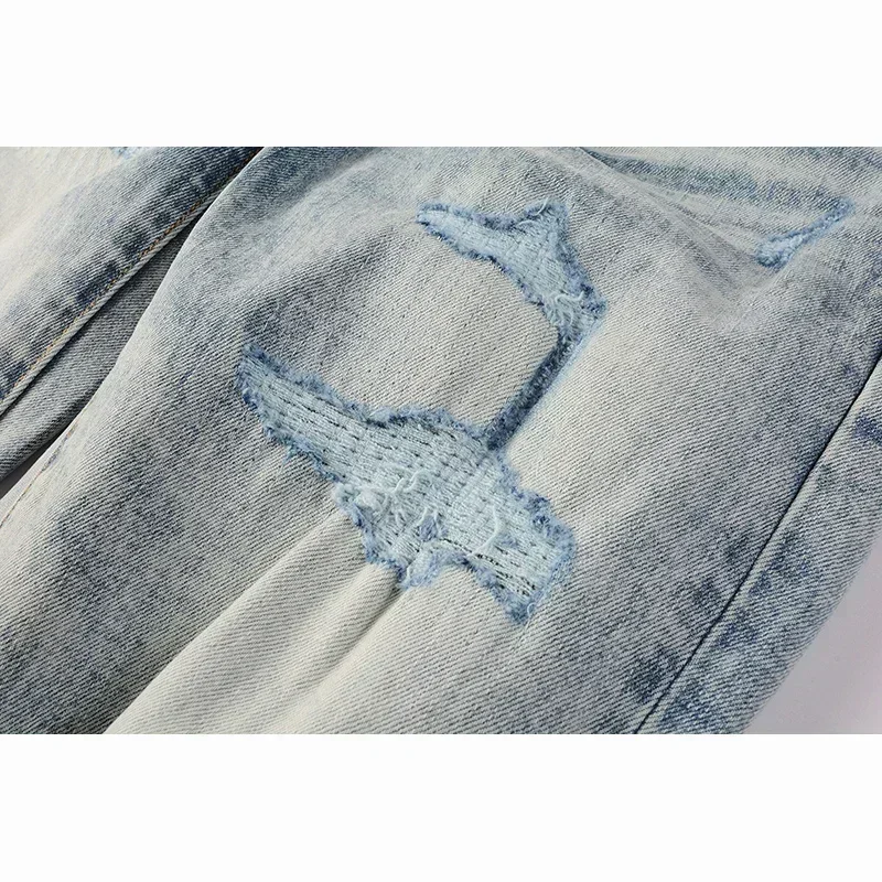 

Американские мужские джинсы Faded Blue, потертые уличные джинсы, эластичные узкие джинсы на пуговицах с рваными дырками