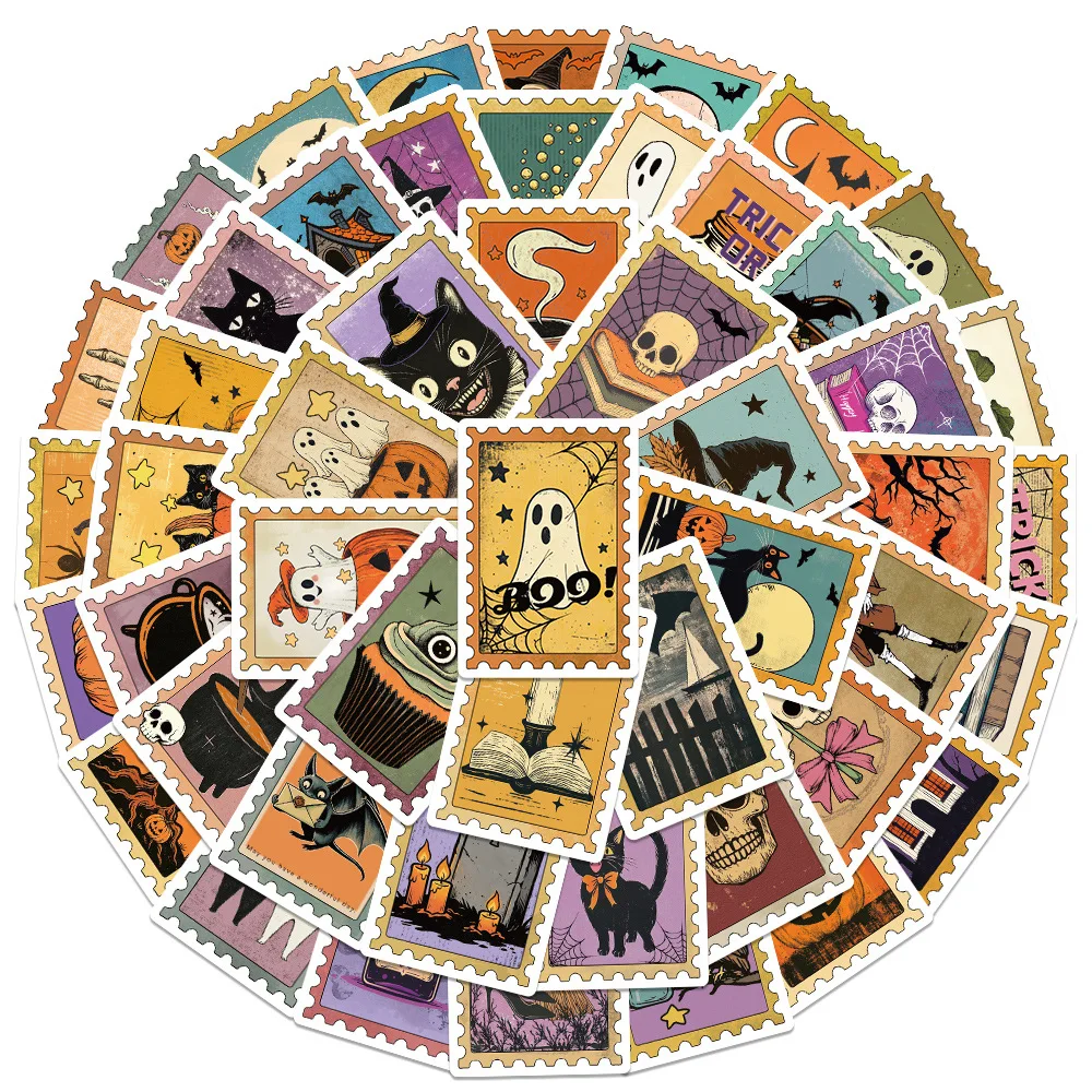 50PCS Cute Vintage Halloween Postage Stamp Stickers Skeleton Witch DIY Decor Water Bottle Phone Halloween Bag Decoration Sticker