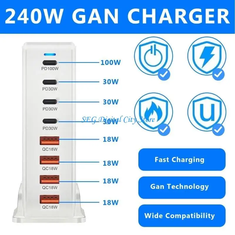 

U75B 240W USB C CASTS BRACK BRACK Зарядка 8PTER для нескольких устройств