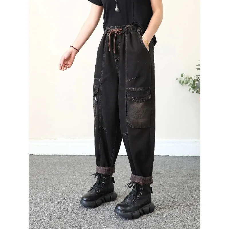 

Vintage Patchwork Big Pocket Mickey Jeans Women Drawstring Cropped Harem Pants Plaid Cuffed Slim Fit ladies clothes
