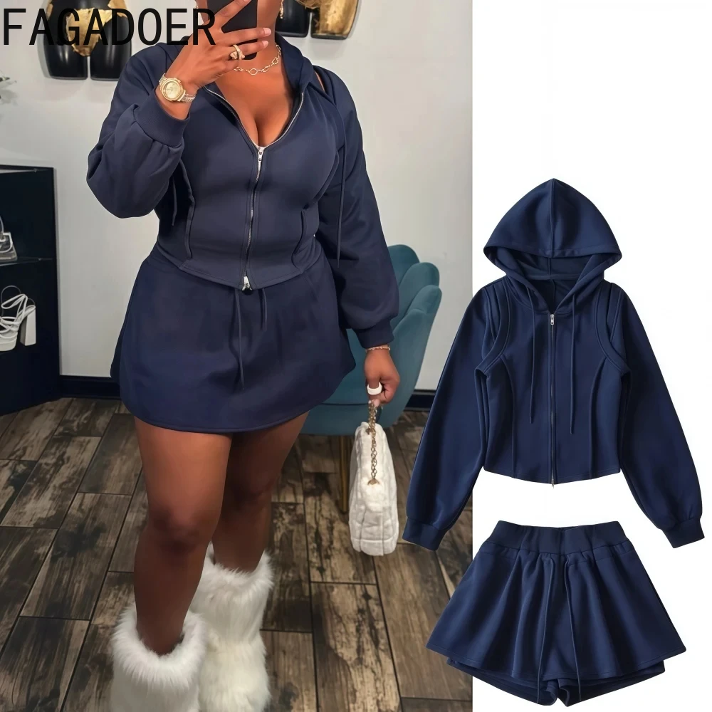 

FAGADOER American Sporty Hooded Two Piece Sets Women Zip Long Sleeve Crop Top + Drawstring Mini Skirt Outfits Y2K Fashion Street