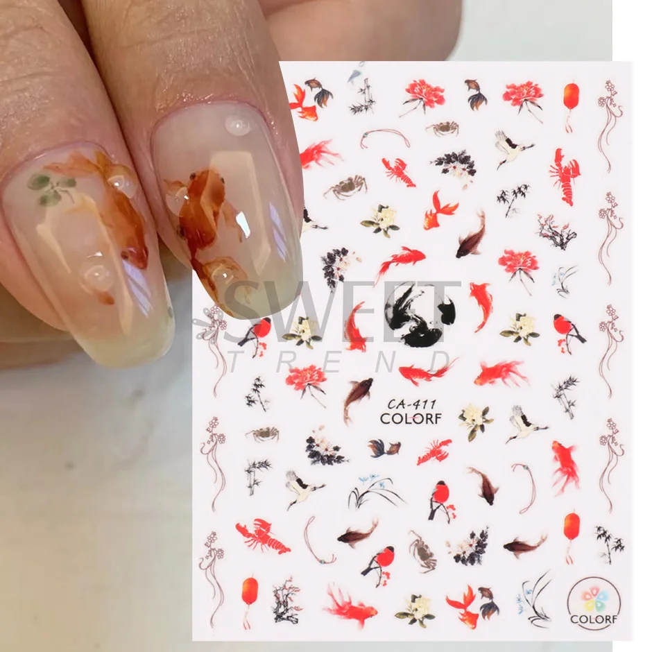 Red Koi Fish 3D Nail Stickers Decals Lucky Goldfish Lotus Ink Watercolor Design Chinese Sliders Nail Art Decoration Manicure