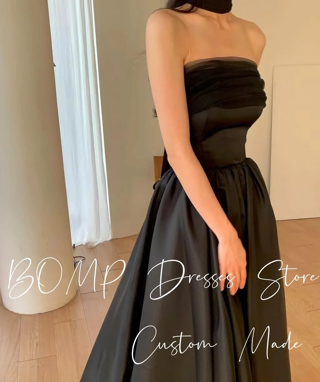 BOMP – robe de soirée de mariage noire élégante, sans bretelles, écharpe amovible, ligne a, taffetas de soie, séance Photo coréenne, robe de mariée personnalisée